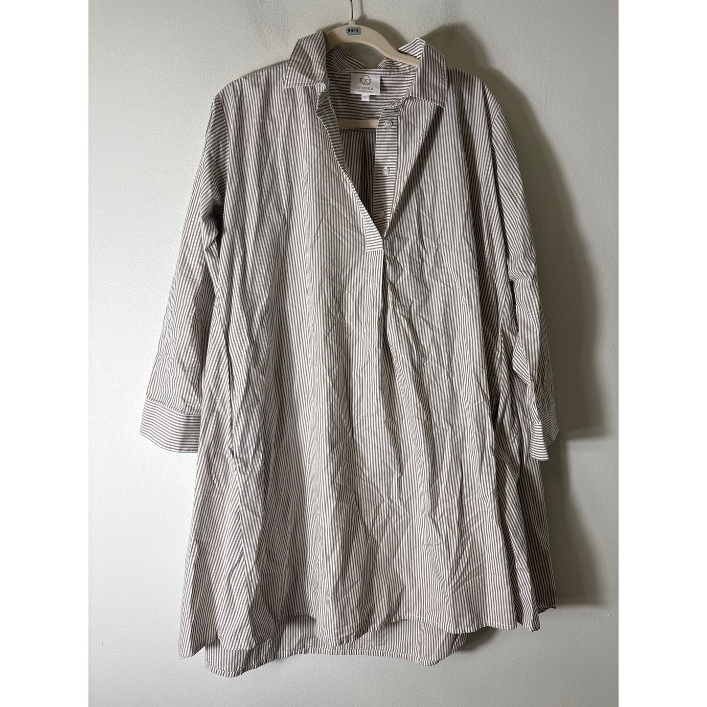 Lenora by Dina Yang Tan and White Stripe Long Sleeve Knee L Dress Sz L