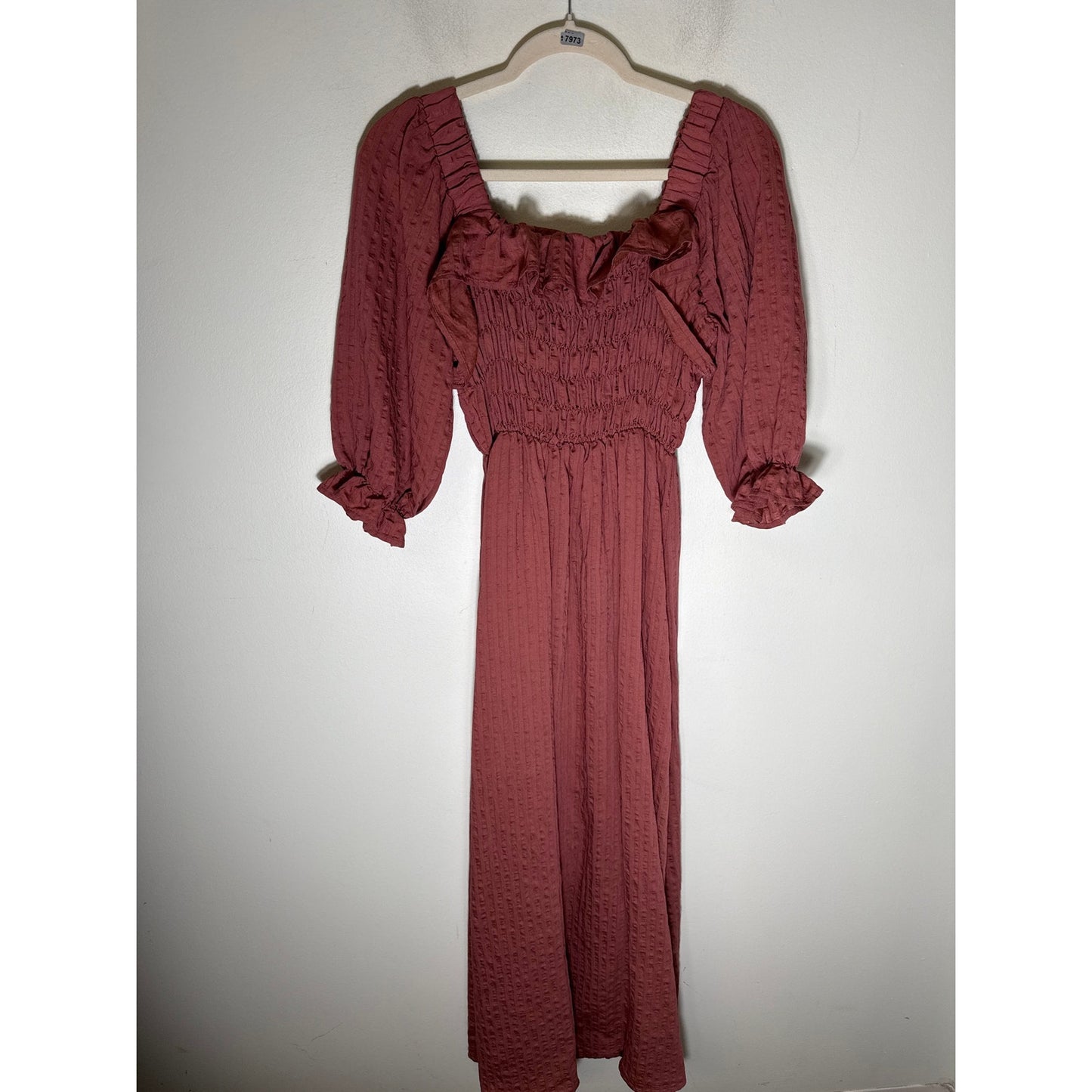 Ces Femme Dusty Red Off the Shoulder Smocked Maxi Dress Sz S