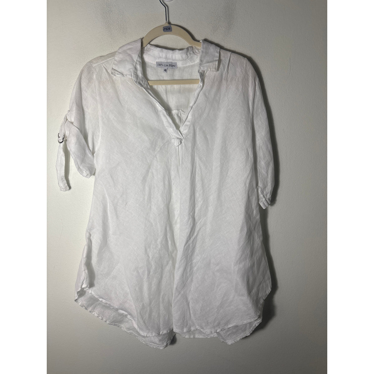 100% Lin Blanc White Short Sleeve Linen V-Neck Tunic Sz 46