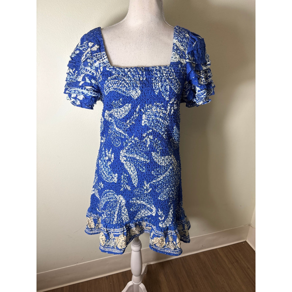 Farm Rio Blue White Smocked Flutter Sleeve Mini Dress Sz M