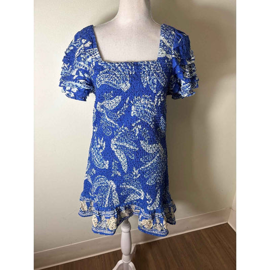 Farm Rio Blue White Smocked Flutter Sleeve Mini Dress Sz M