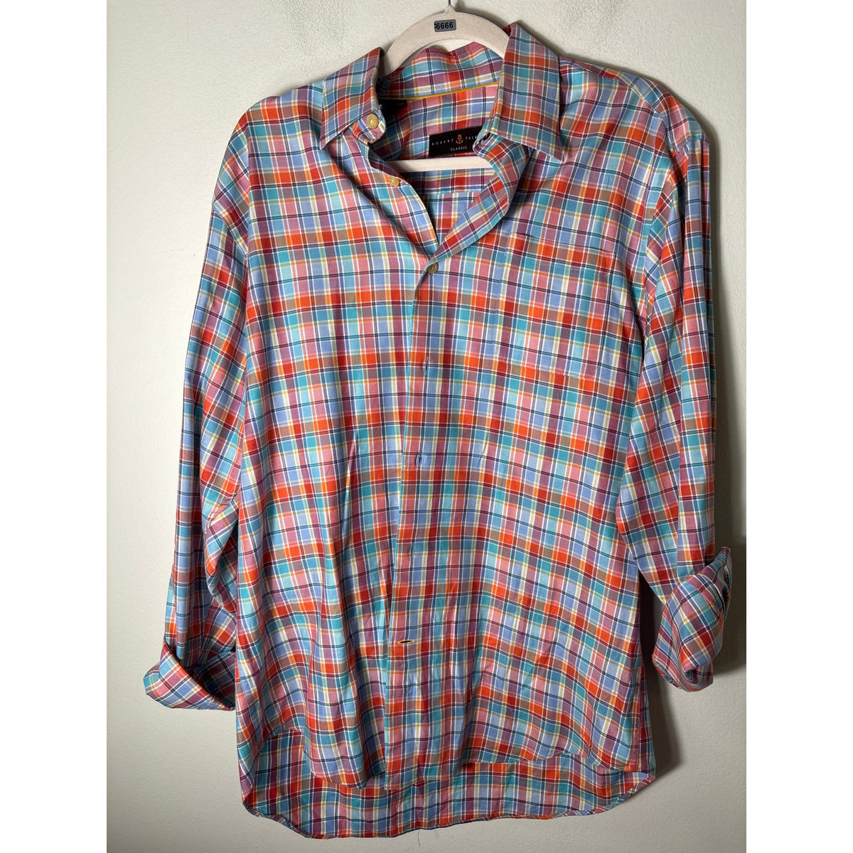 Robert Talbott Orange and Blue Window Pane Plaid Shirt Sz M