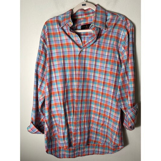 Robert Talbott Orange and Blue Window Pane Plaid Shirt Sz M