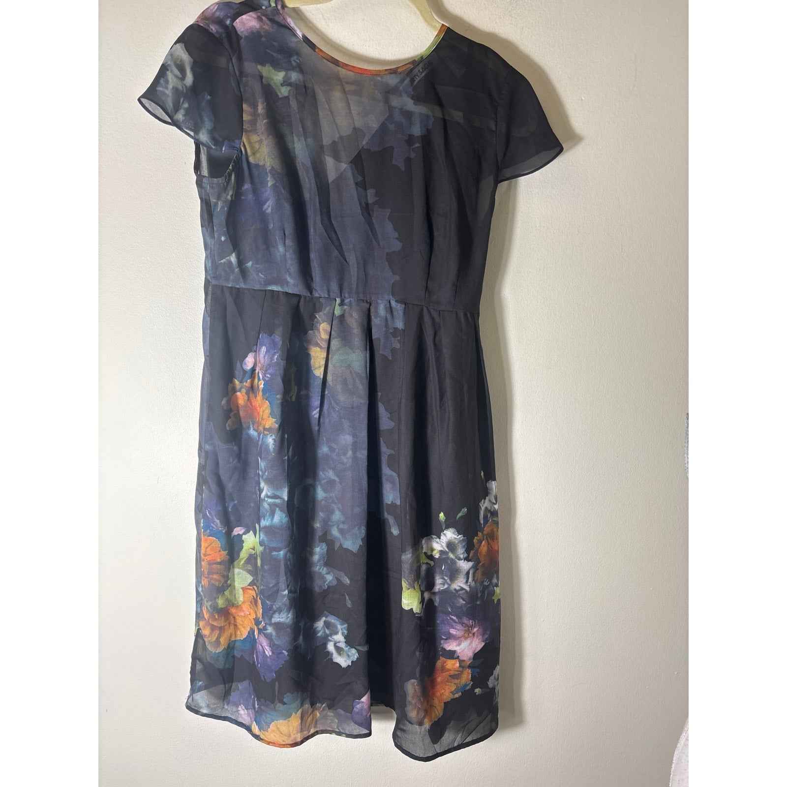 NWT Liberty Sage Maternity Black Chiffon Floral Cap Sleeve Dress Sz S