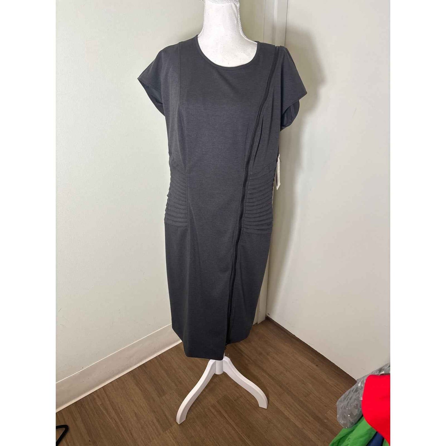 NWT Etcetera Dark Gray Sleeveless Zip Up Pleated Midi Sheath Dress Sz 14