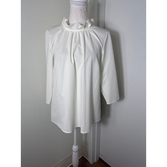 Abbey Glass White 3/4 Sleeve High Ruffle Collar Top Sz L