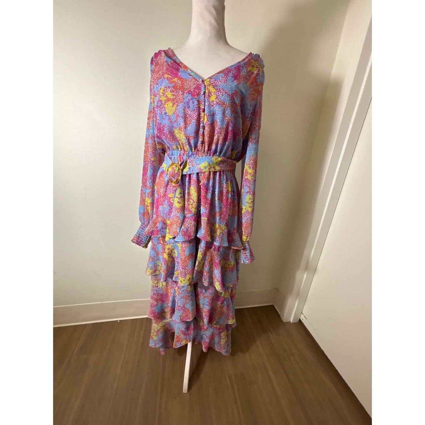 Allison New York Multicolor Long Sleeve Tiered Ruffled Maxi Dress Sz M