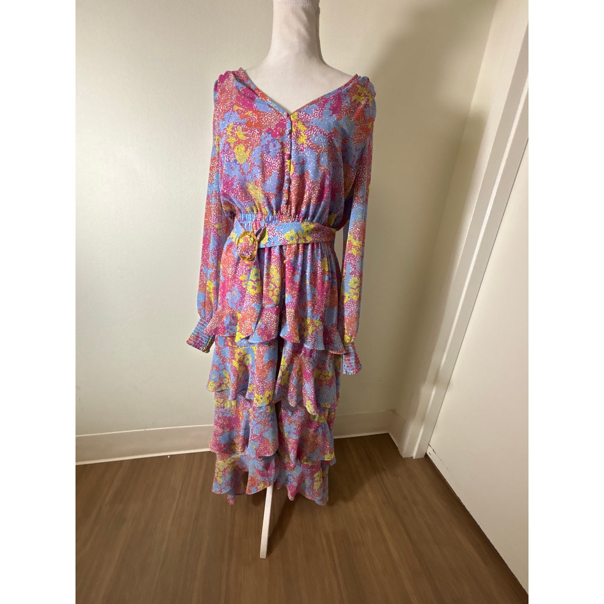 Allison New York Multicolor Long Sleeve Tiered Ruffled Maxi Dress Sz M
