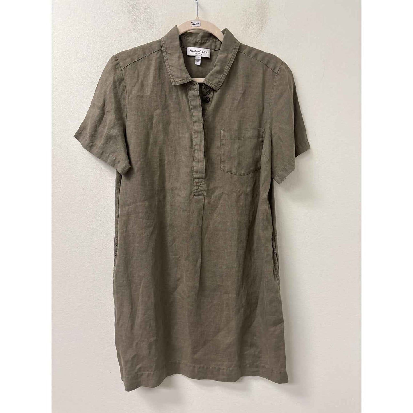 Michael Stars Gray Green Short Sleeve Mini Linen Shirt Dress Sz S
