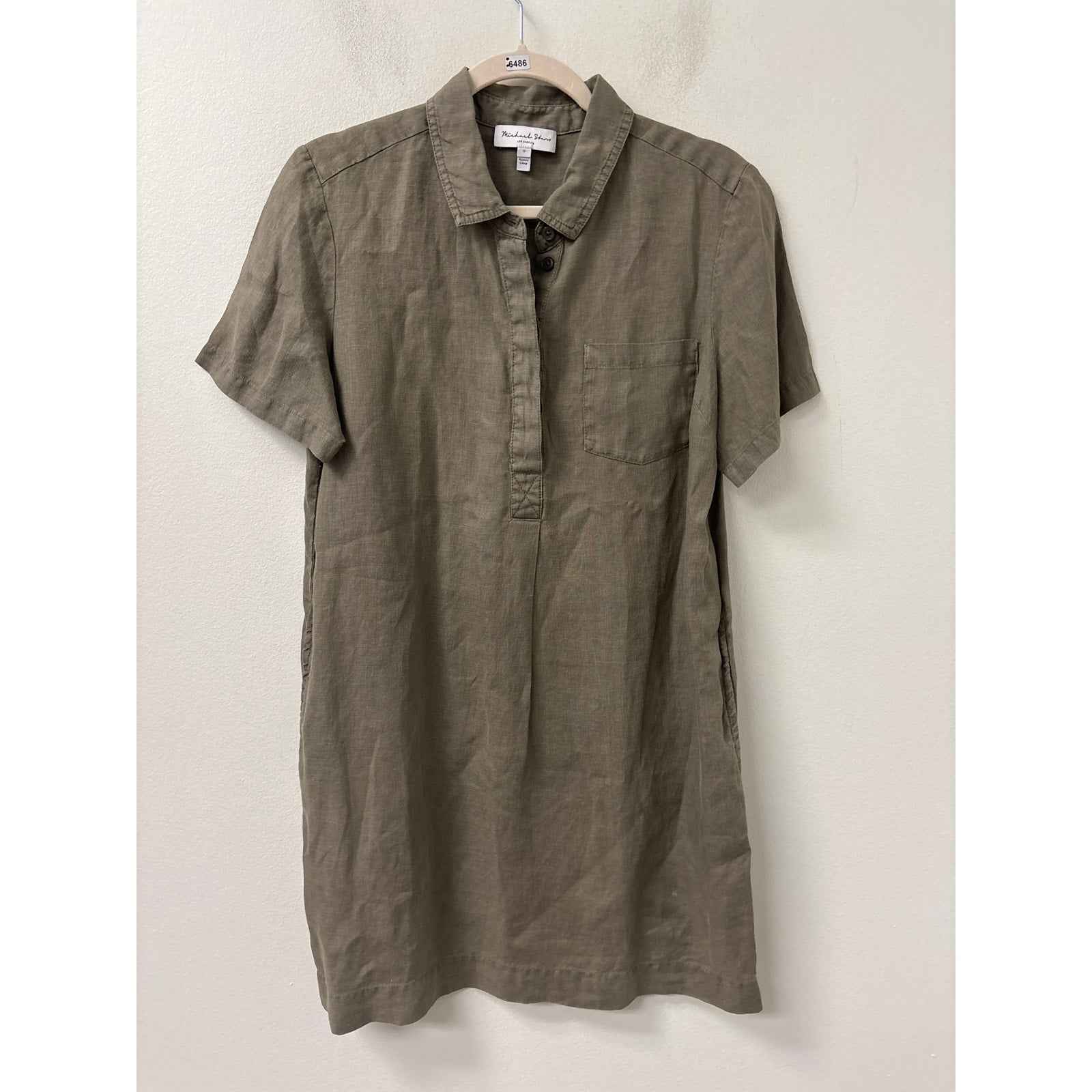 Michael Stars Gray Green Short Sleeve Mini Linen Shirt Dress Sz S