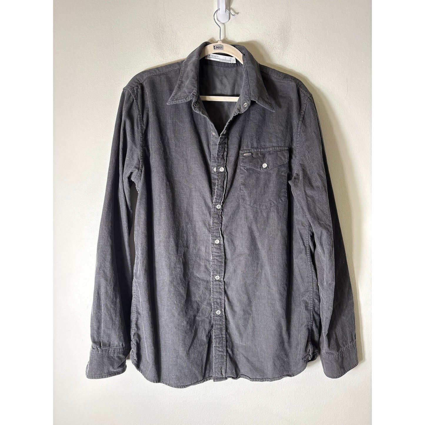 Men's Criquet Dark Gray Cordoroy Long Sleeve Snap Front Collared Shirt Sz L