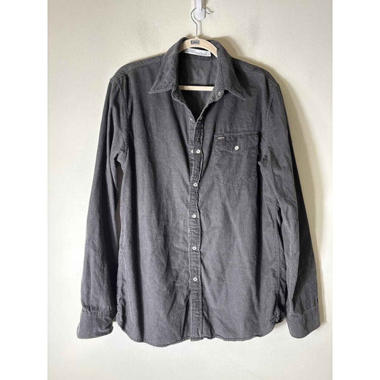 Men's Criquet Dark Gray Cordoroy Long Sleeve Snap Front Collared Shirt Sz L