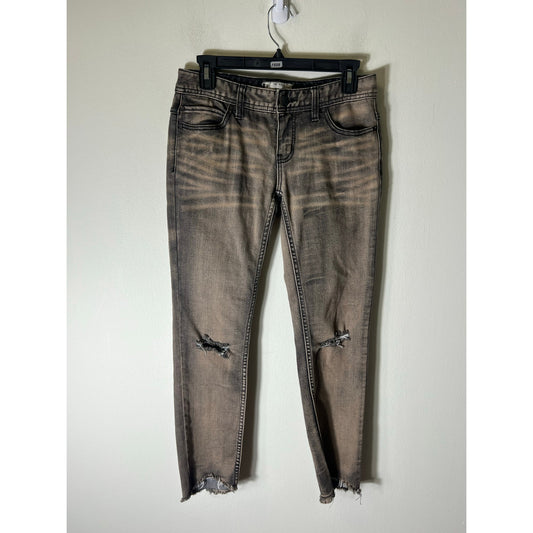 Free People Black Tan Distressed Denim Jeans Sz 25