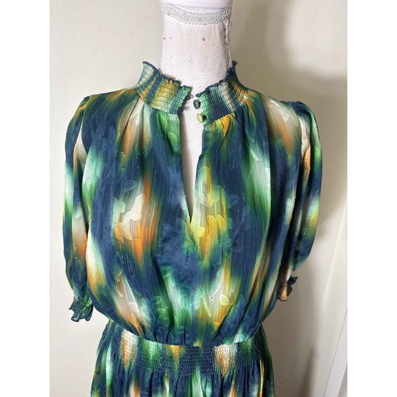 Abbeyglass Navy Green Watercolor 3/4 Sleeve Maxi Dress Sz L