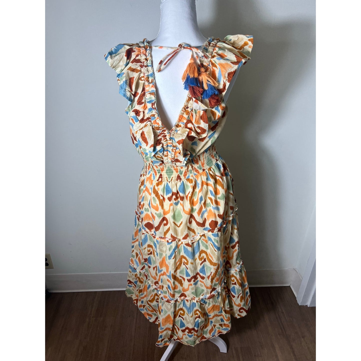 Allison New York Ikat Multi Color Flutter Sleeve V Neck Sun Dress Sz M