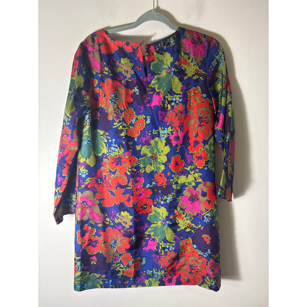 J. Crew Blue Bold Floral Long Sleeve Silk Mini Shift Dress Sz 6