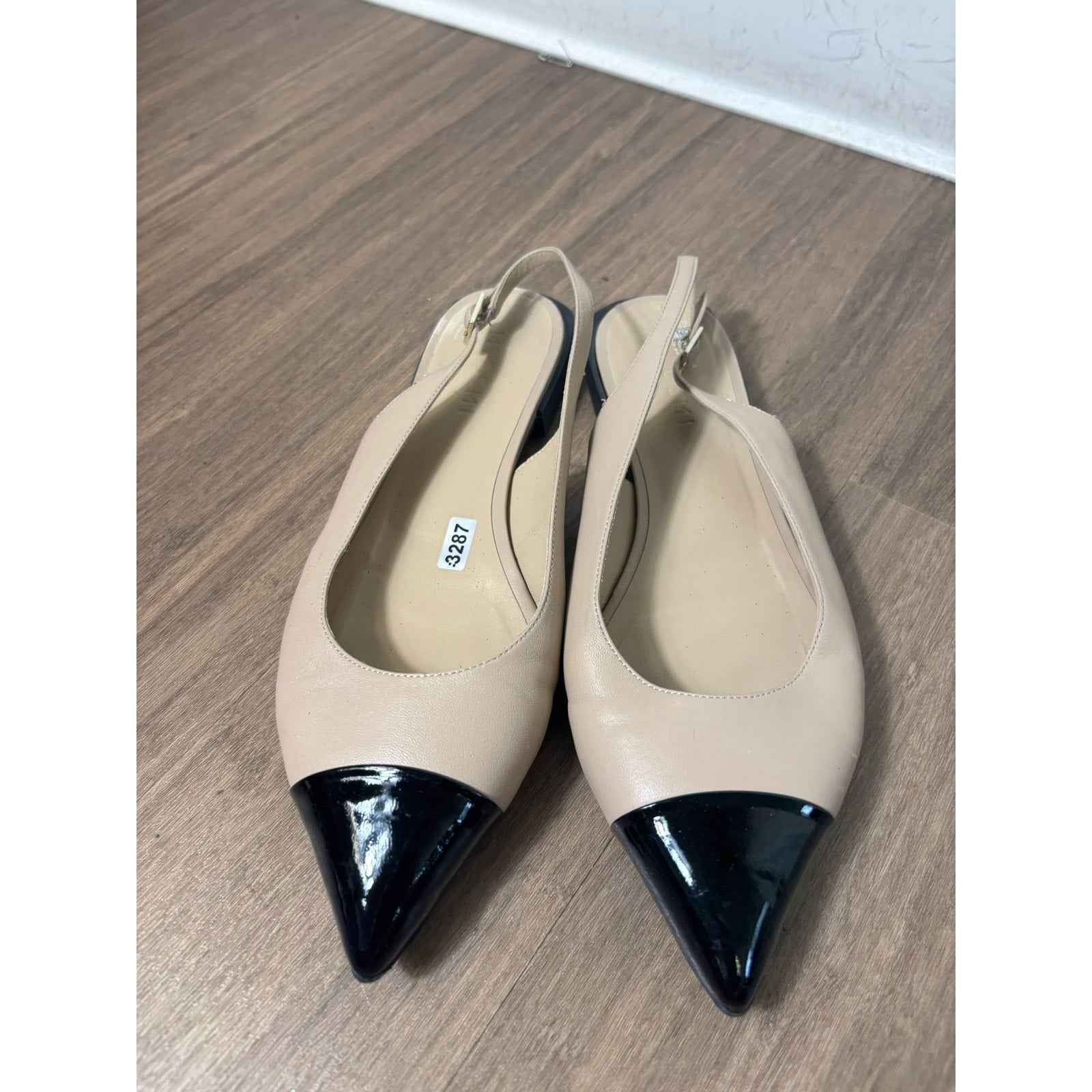 M.Gemi Nude Slingback Flats with Black Patent Toe Sz 38.5 (7.5)