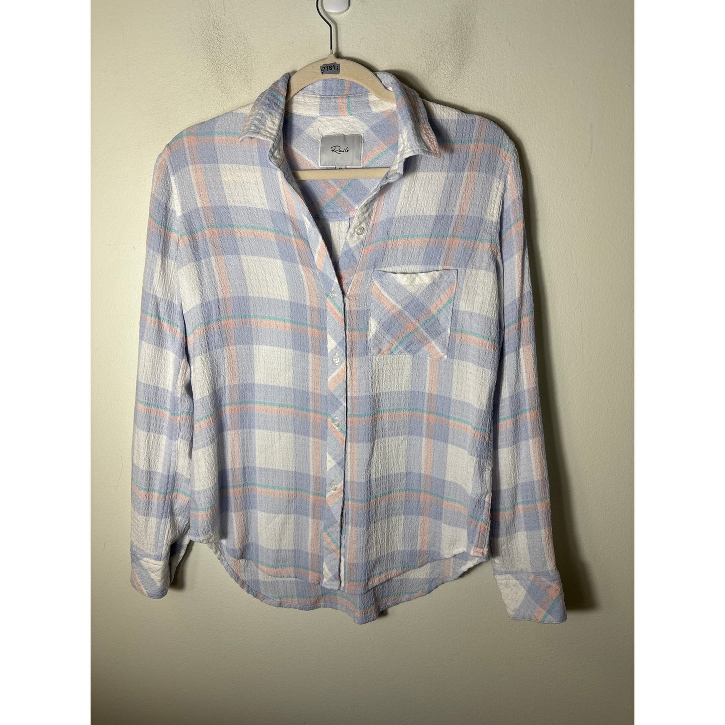 Rails Large Plaid "Brady White Periwinkle Peach" Long Sleeve Top Sz XS