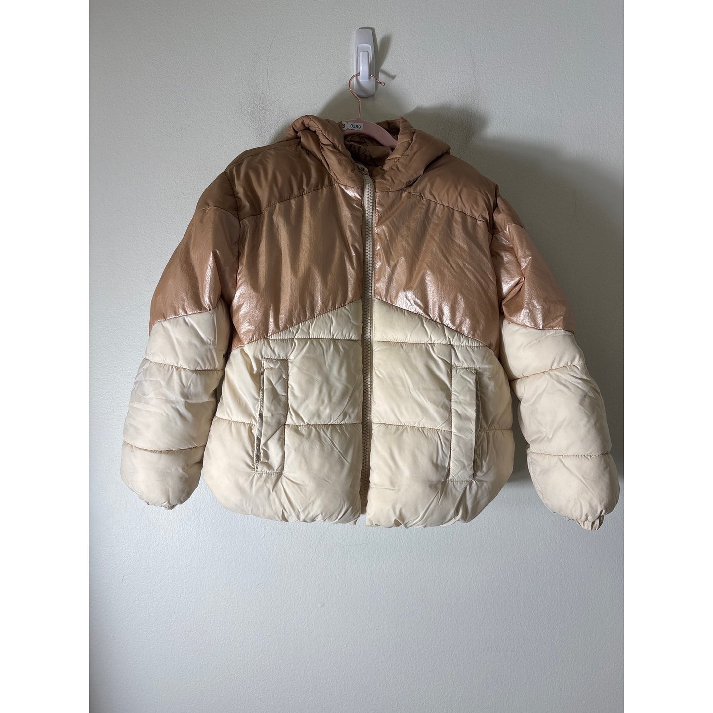Girls Zara Tan Color Block Long Sleeve Puffy Jacket Sz 9