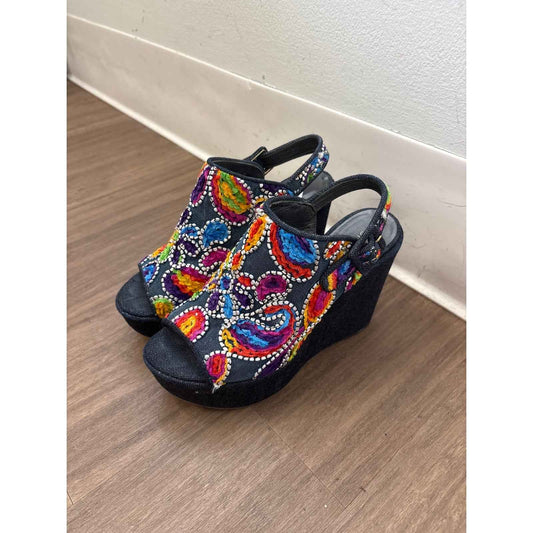 Stuart Weitzman Navy Embroidered Denim Platform Wedge Sz 6