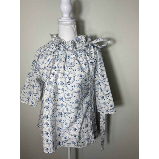 Never A Wallflower Blue White Floral 3/4 Sleeve Cotton Blouse Sz S