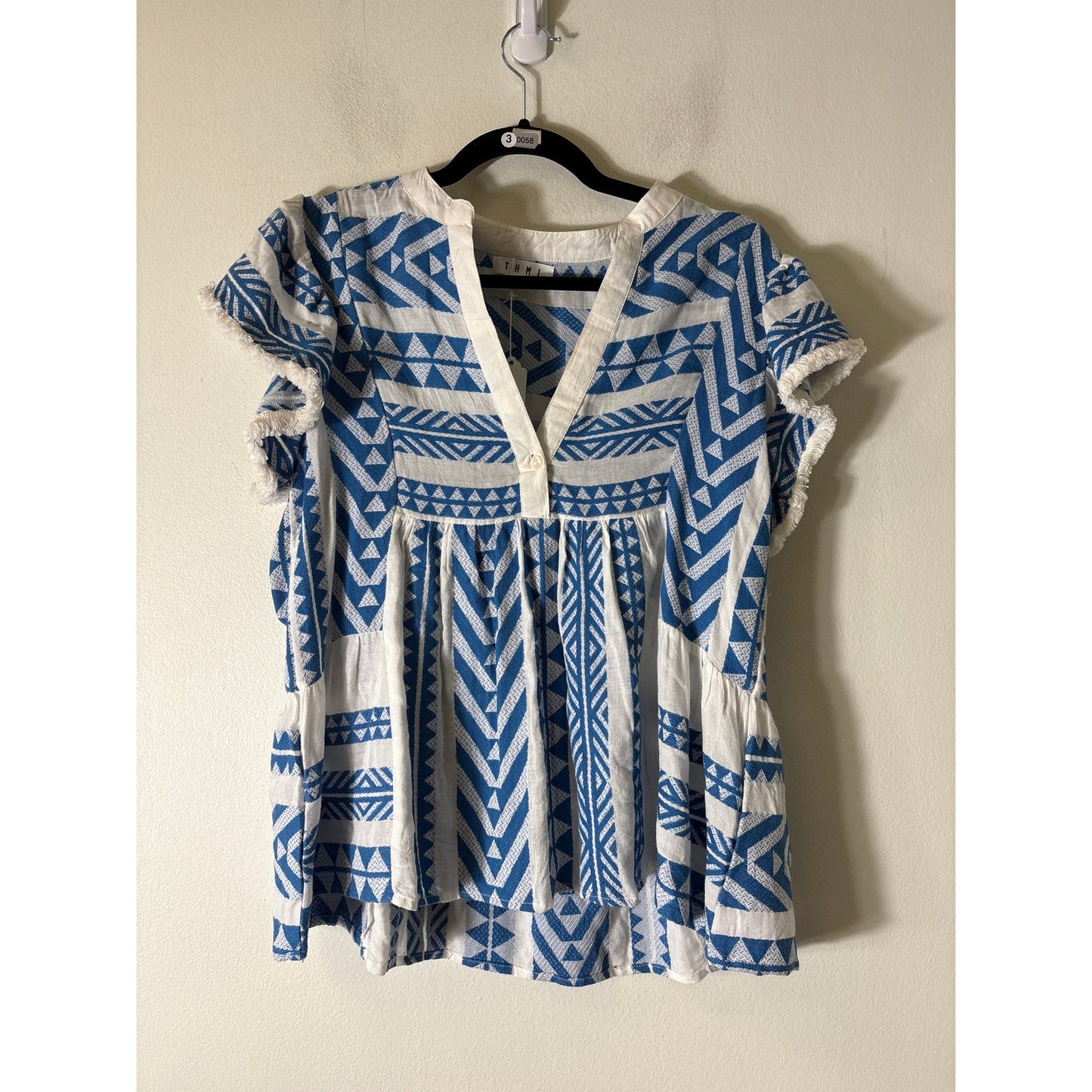 THML Blue White Flutter Sleeve V-Neck ToP Sz S