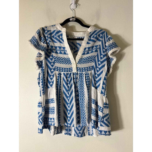 THML Blue White Flutter Sleeve V-Neck ToP Sz S