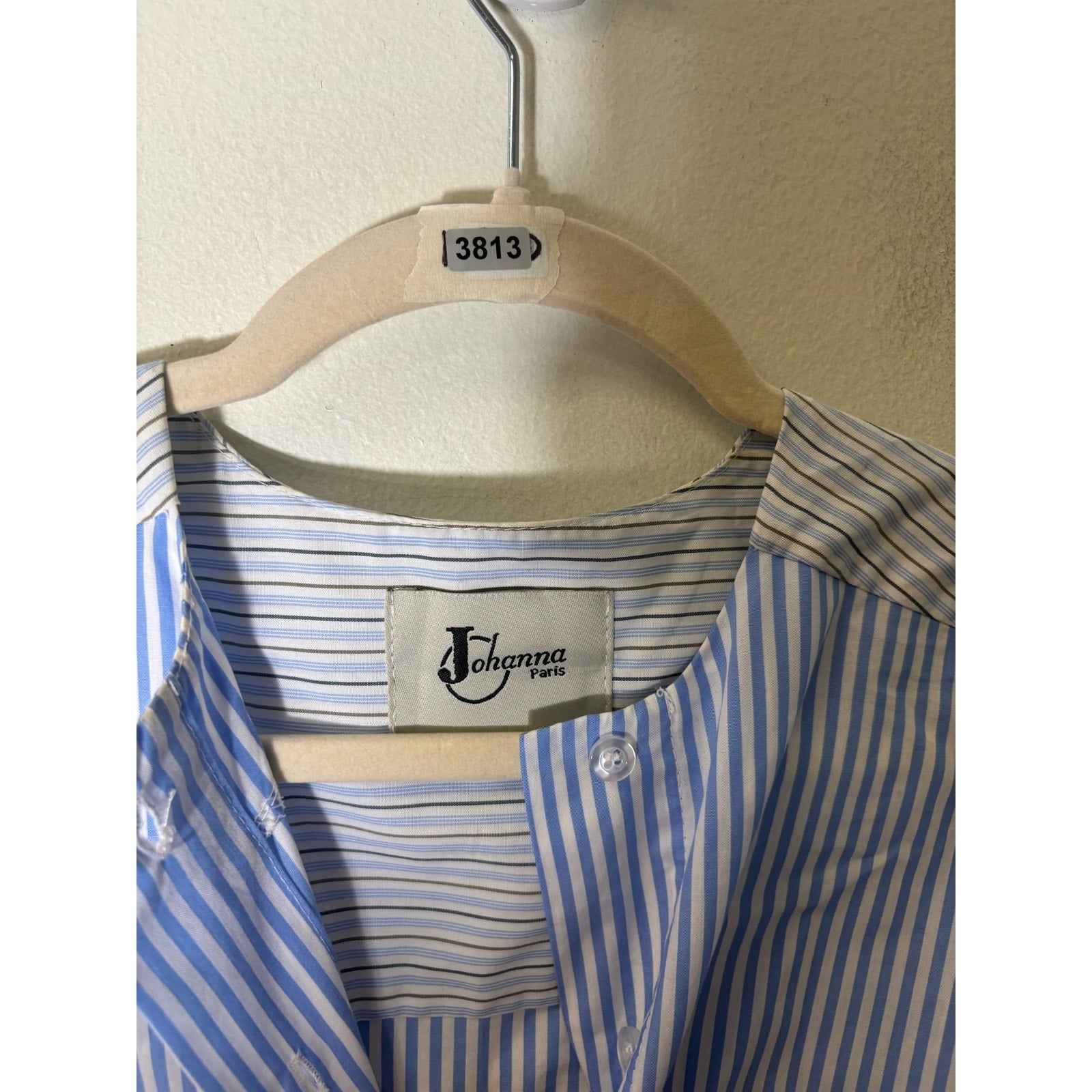 Johanna Paris White Blue Stripe Half Sleeve Botton Blend Shirt Sz M