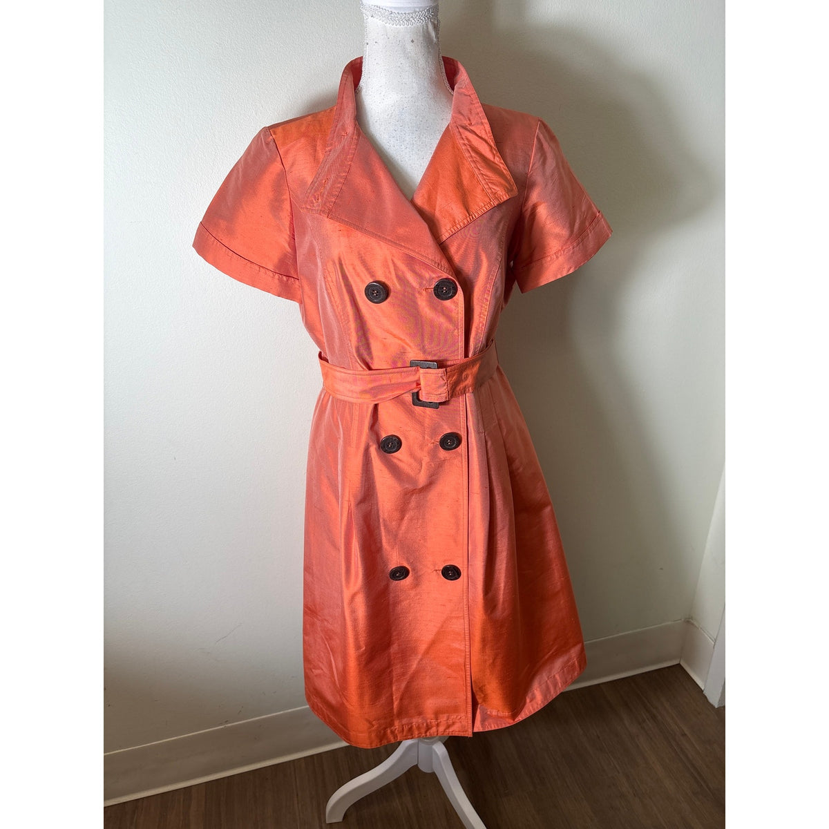 Teri Jon Orange Short Sleeve Silk Trench Coat Dress Sz 6