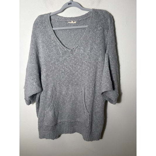 Easel Gray Short Sleeve Knit Sweater with Kangaroo Pouch Sz M/L