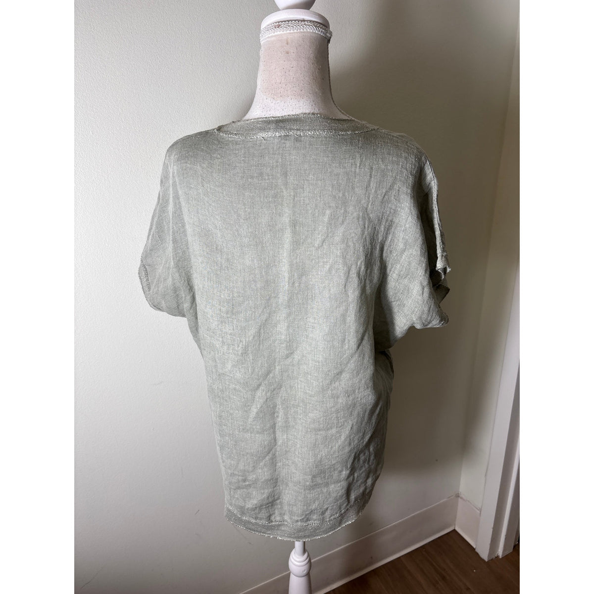 Saks Fifth Ave Tan Linen Metallic Threaded Trim Shirt Sz L