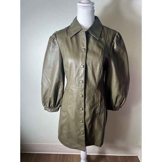 Top Shop Olive Green Faux Leather Long Sleeve Button Up Mini Dress Sz 8