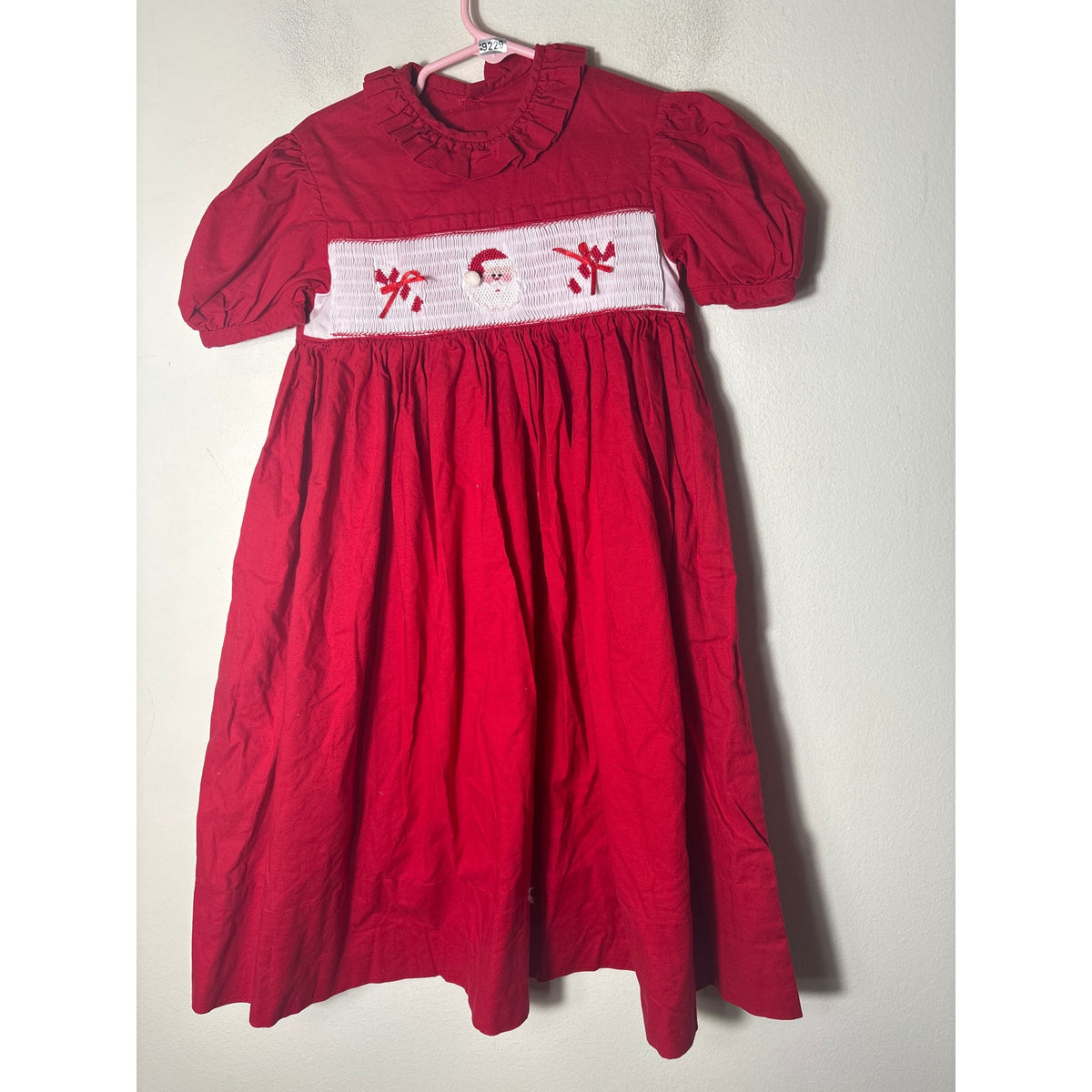 Girls Vintage Red Cotton Smocked Santa puff sleeve Dress Sz 5