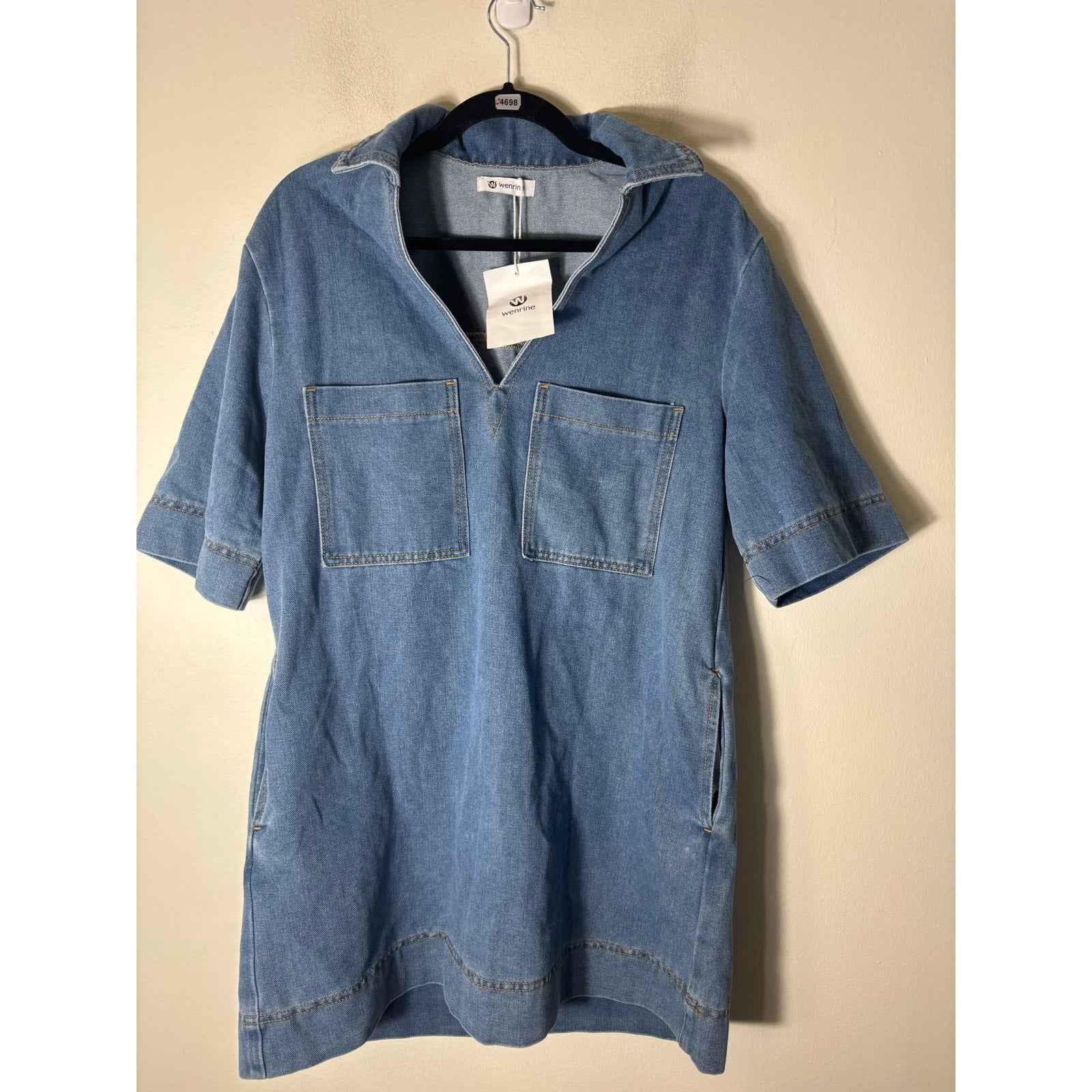NWT Wenrine Blue Half Sleeve Knee Length Denim Dress Sz M