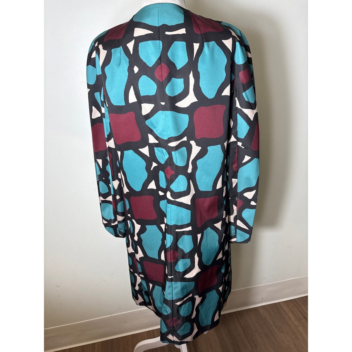 Paule Ka Blue Abstract Print Crepe Round Neck Coat Sz 42 (12/14)