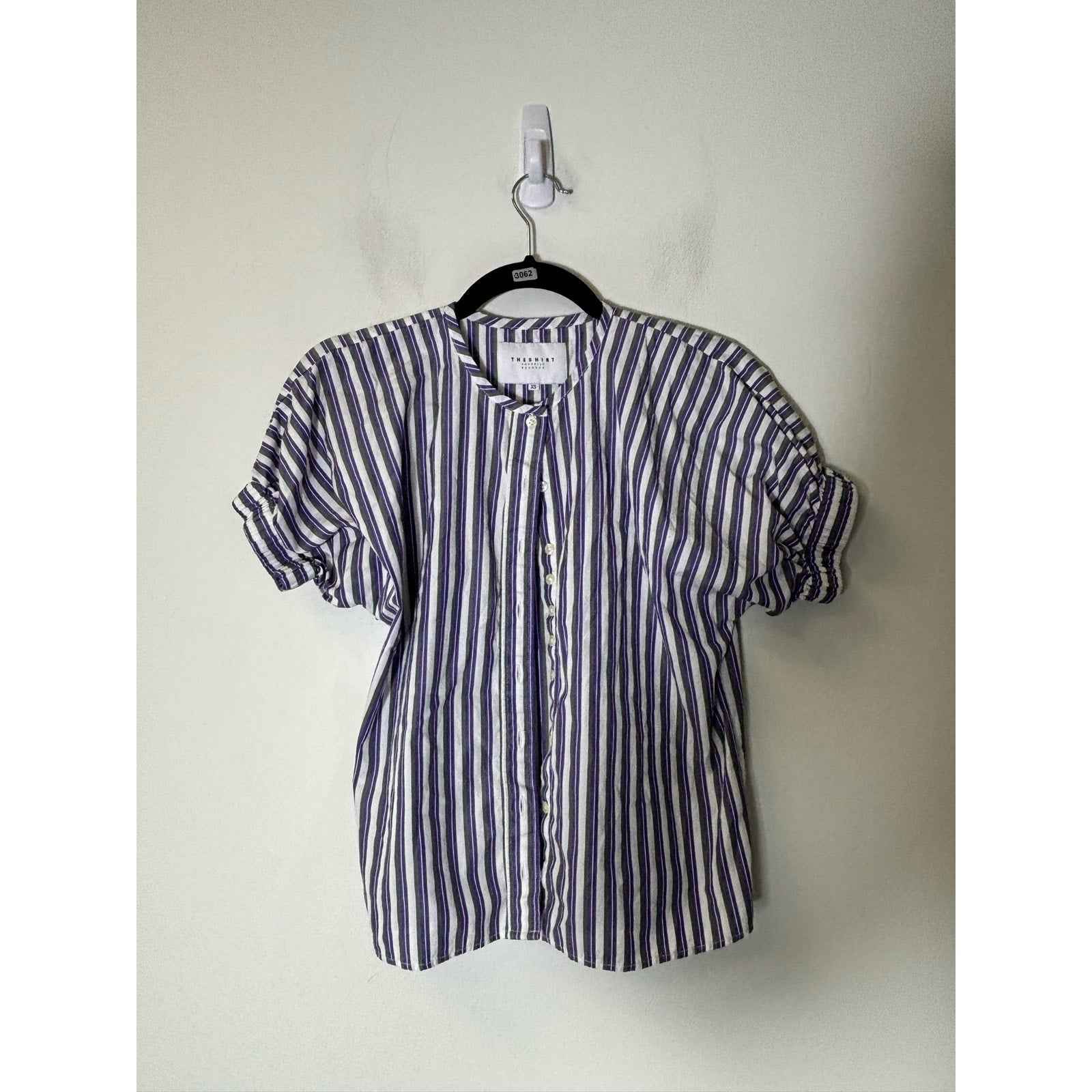 The Shirt Rochelle Behrens Purple Green Stripe  Cotton Button Up Shirt Sz XS