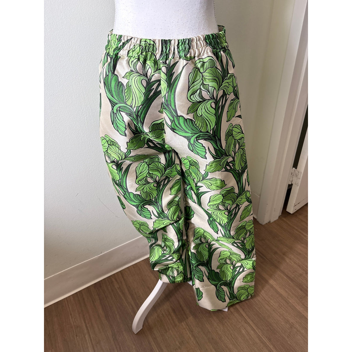 Buru Green and Beige Jacquard Leaf Vine Pant Sz S