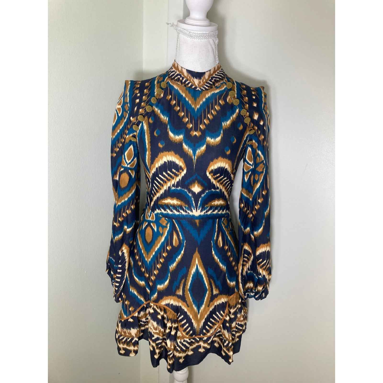 Farm Rio Blue and Brown Design Mini Dress sz XXS