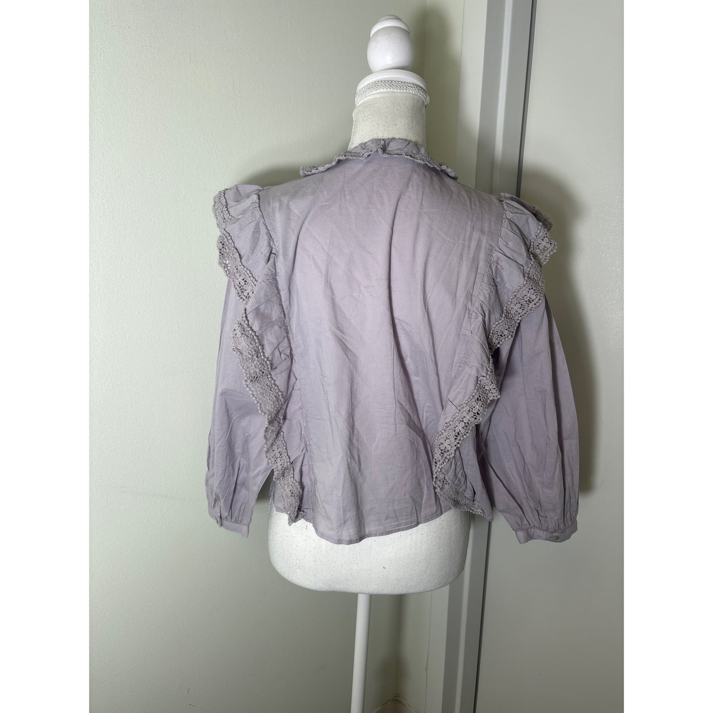 NWT Mango Lavendar Long Puff Sleeve Cotton Button Up Top Sz S
