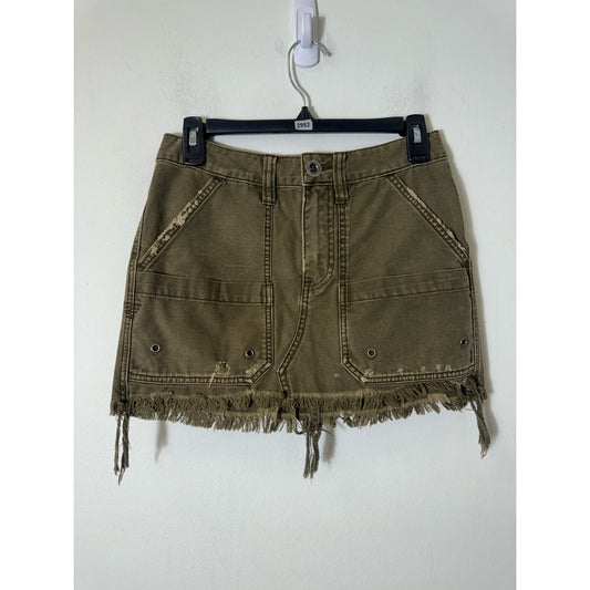 Free People Army Green Distressed  Denim Mini Skirt Sz 24