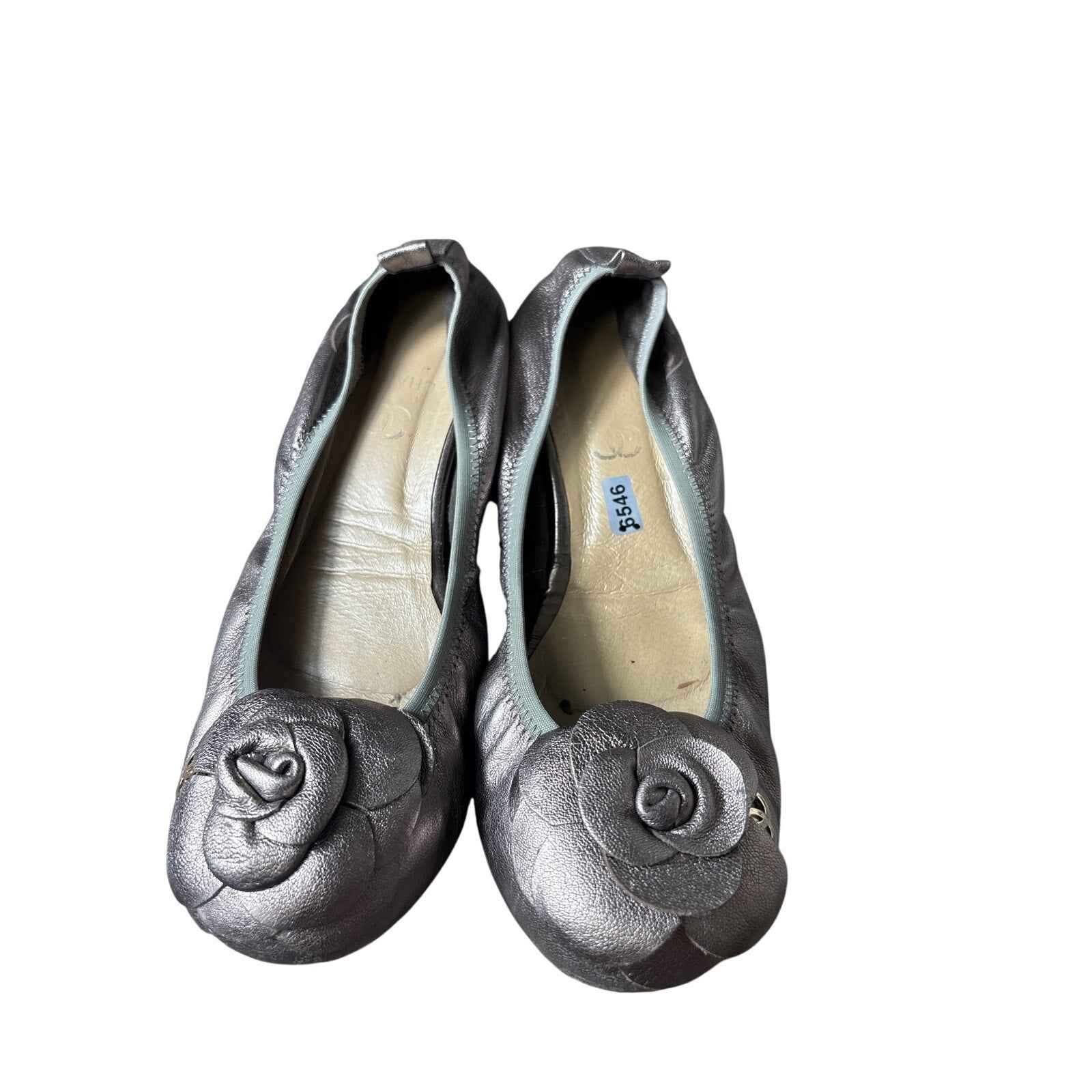 Chanel Pewter Camelia Leather Ballet Slipper Sz 40