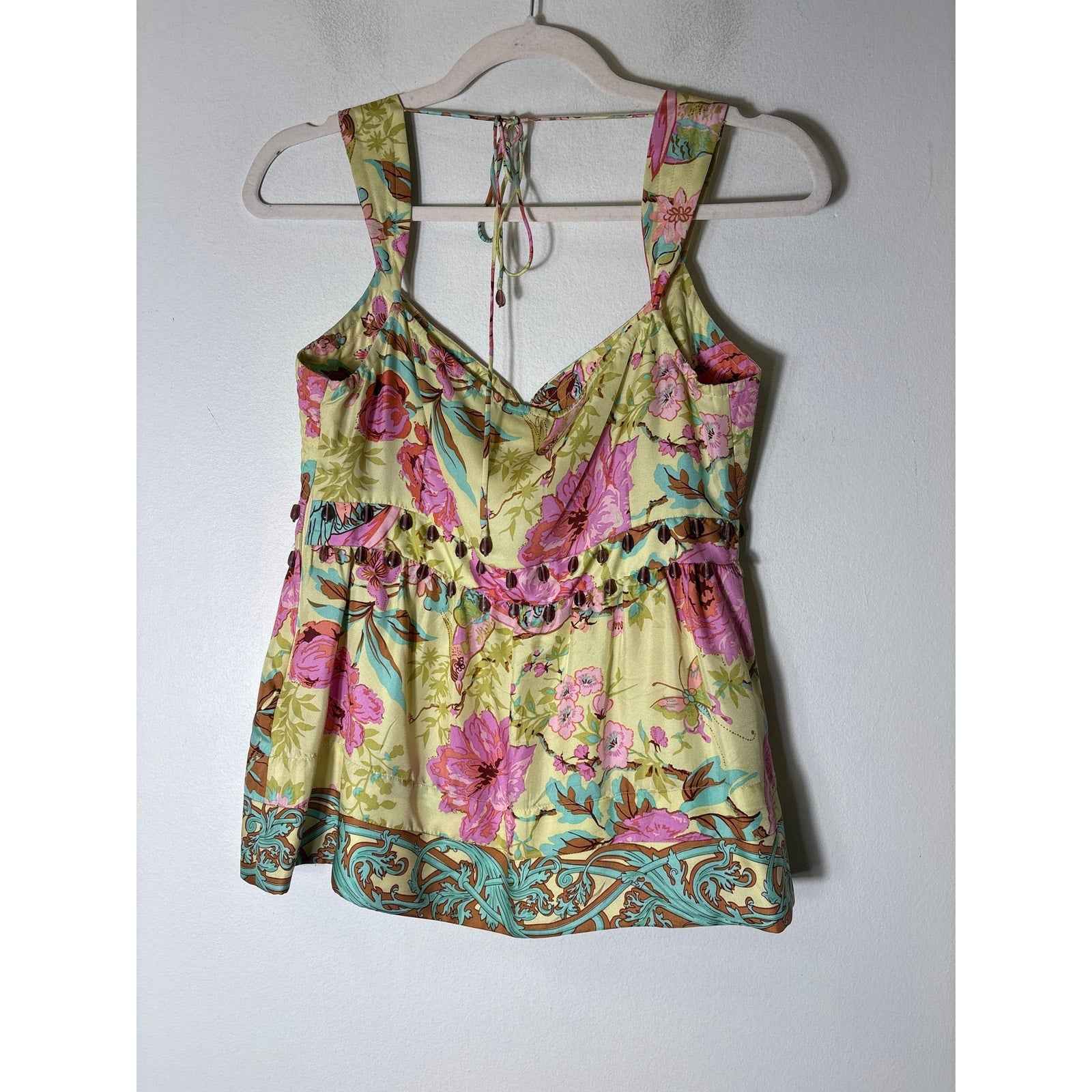 Plenty Chartreuse Floral Empire Waist Beaded Silk Top Sz 6