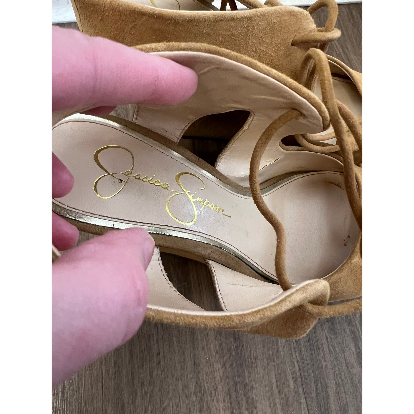 Jessica Simpson Camel Suede Platform Peeptoe Wedes Sz 7