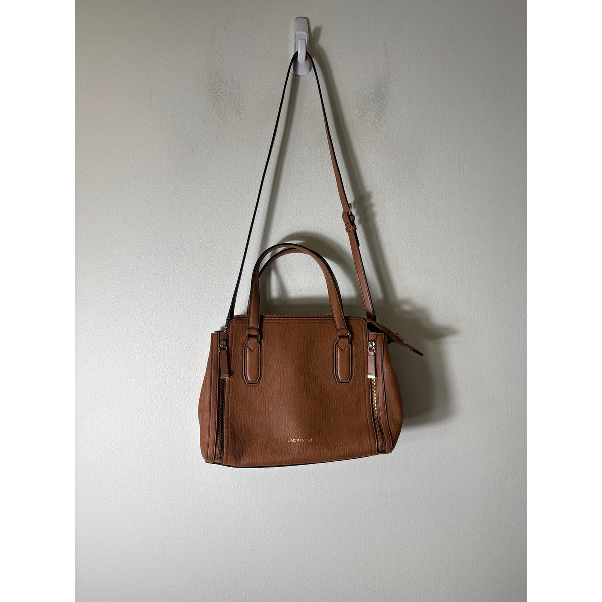 Calvin Klein Caramel Brown Vegan Leather Satchel Handbag
