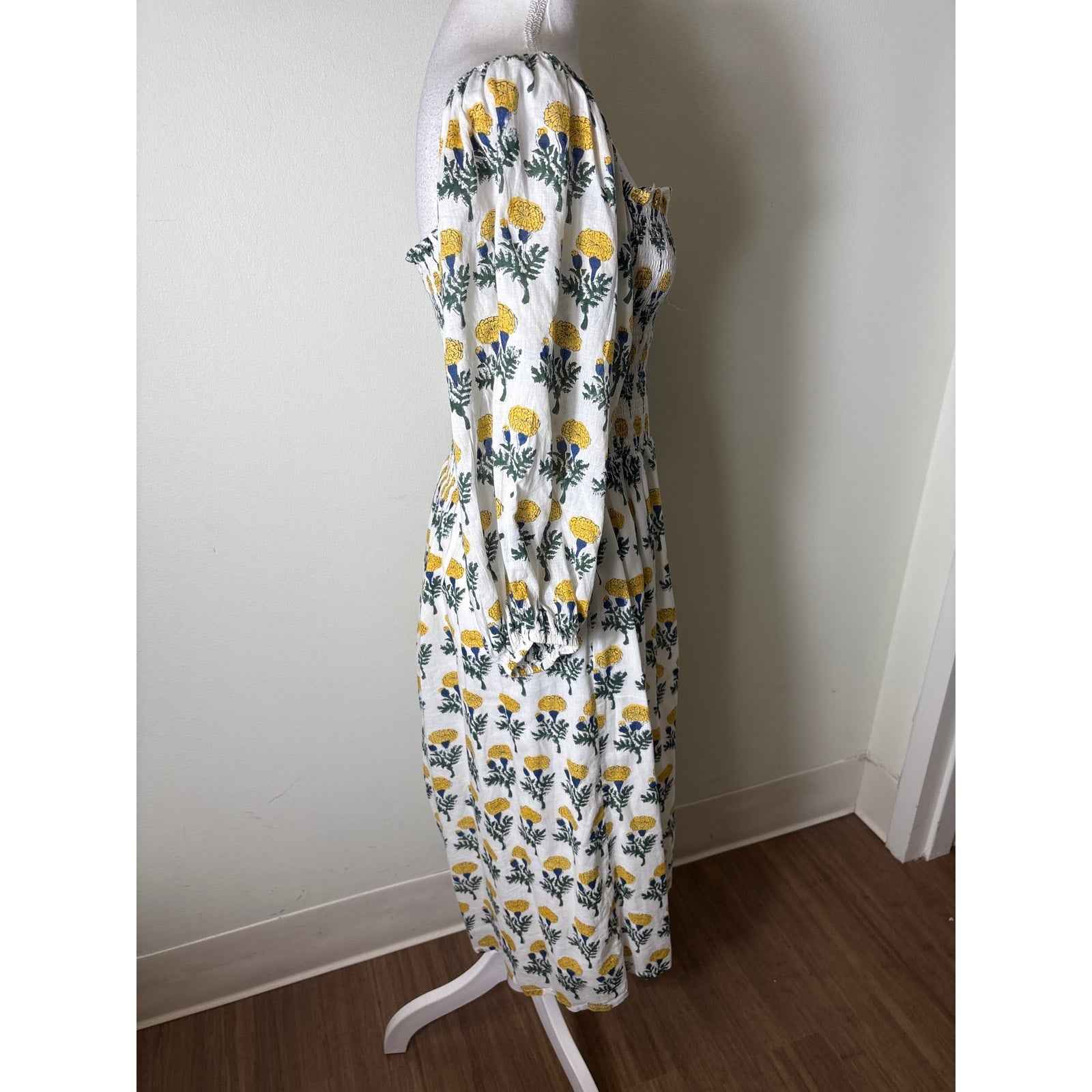 India Collection Yellow and Blue on White Floral Block Print Midi Dress Sz M/L