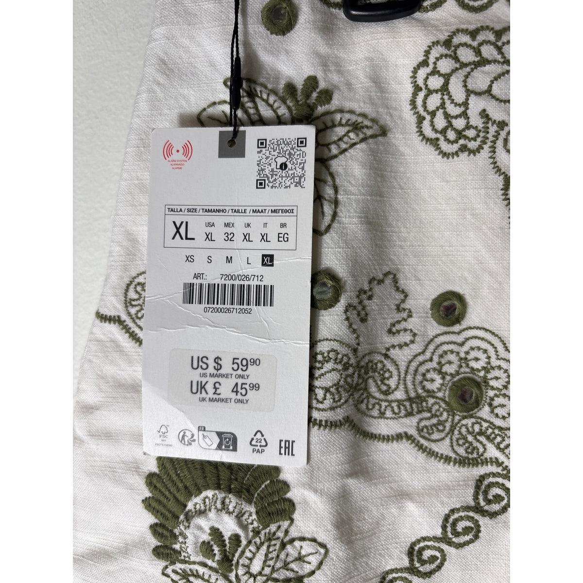 NWT Zara Sage Green and White Embroidered Mini Skirt Sz XL