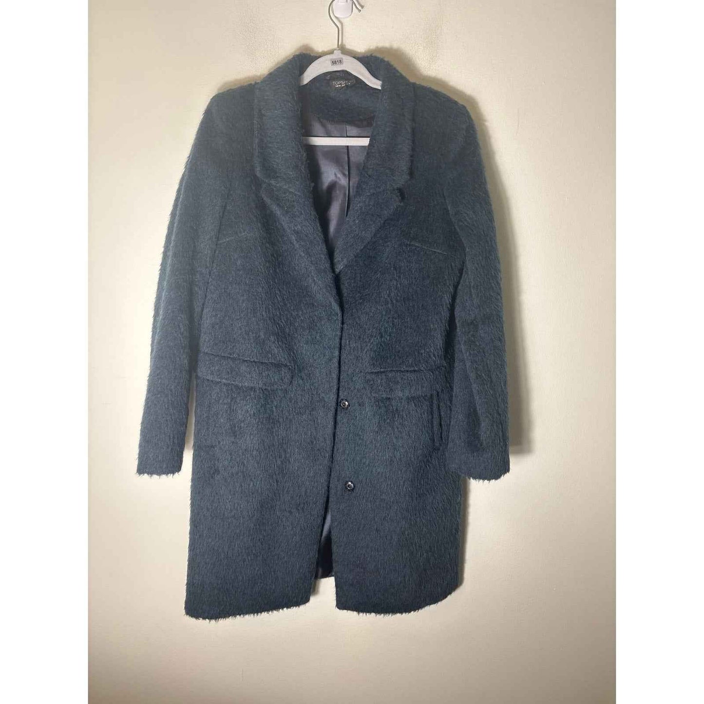 Top Shop Navy Shaggy Faux Fur Long Sleeve Coat Sz 8