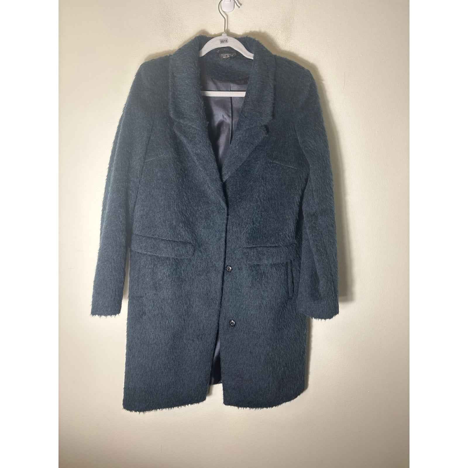 Top Shop Navy Shaggy Faux Fur Long Sleeve Coat Sz 8