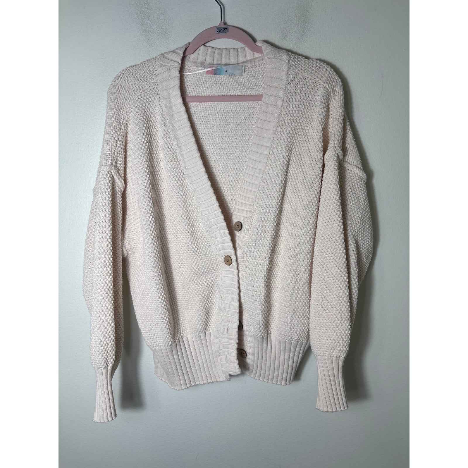 Free People Cream Long Sleeve Button Up Knit Cardigan Sweater and Pants Set Sz M