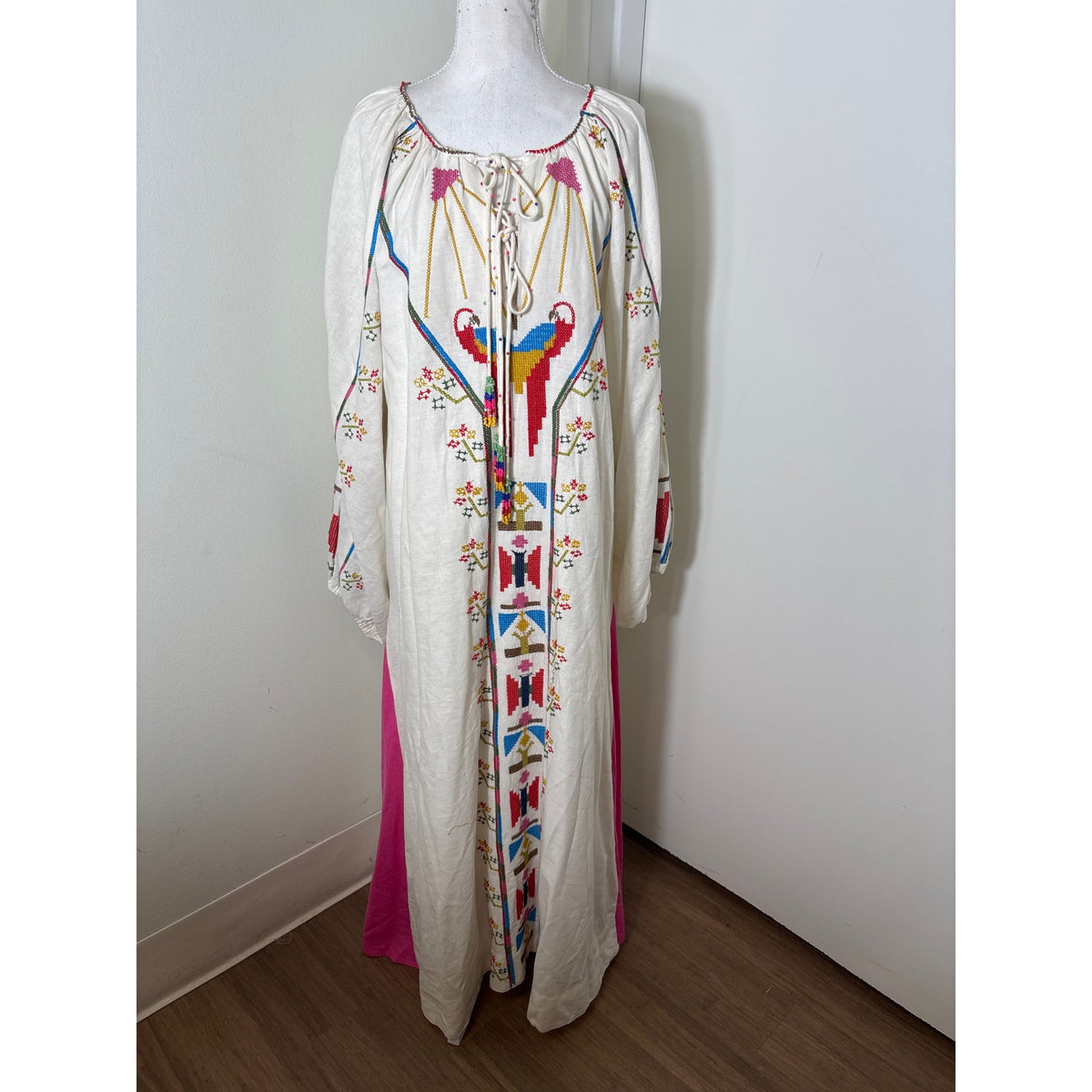 Farm Rio Off White Cross stitch Long Sleeve Maxi Dress Sz XS